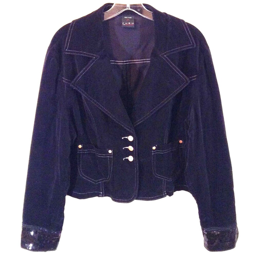 Vtg Y2K Fubu Jacket Wn 2X Black Faux Suede Crop Sequin Whimsigoth Grunge 90s